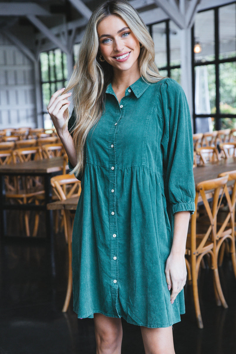 Lassen Corduroy Button Up Dress, Evergreen