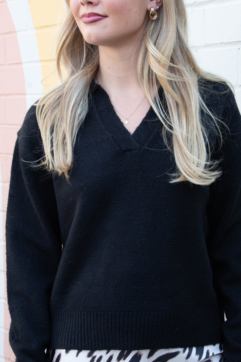 Luna Collared V-Neck Sweater, Black