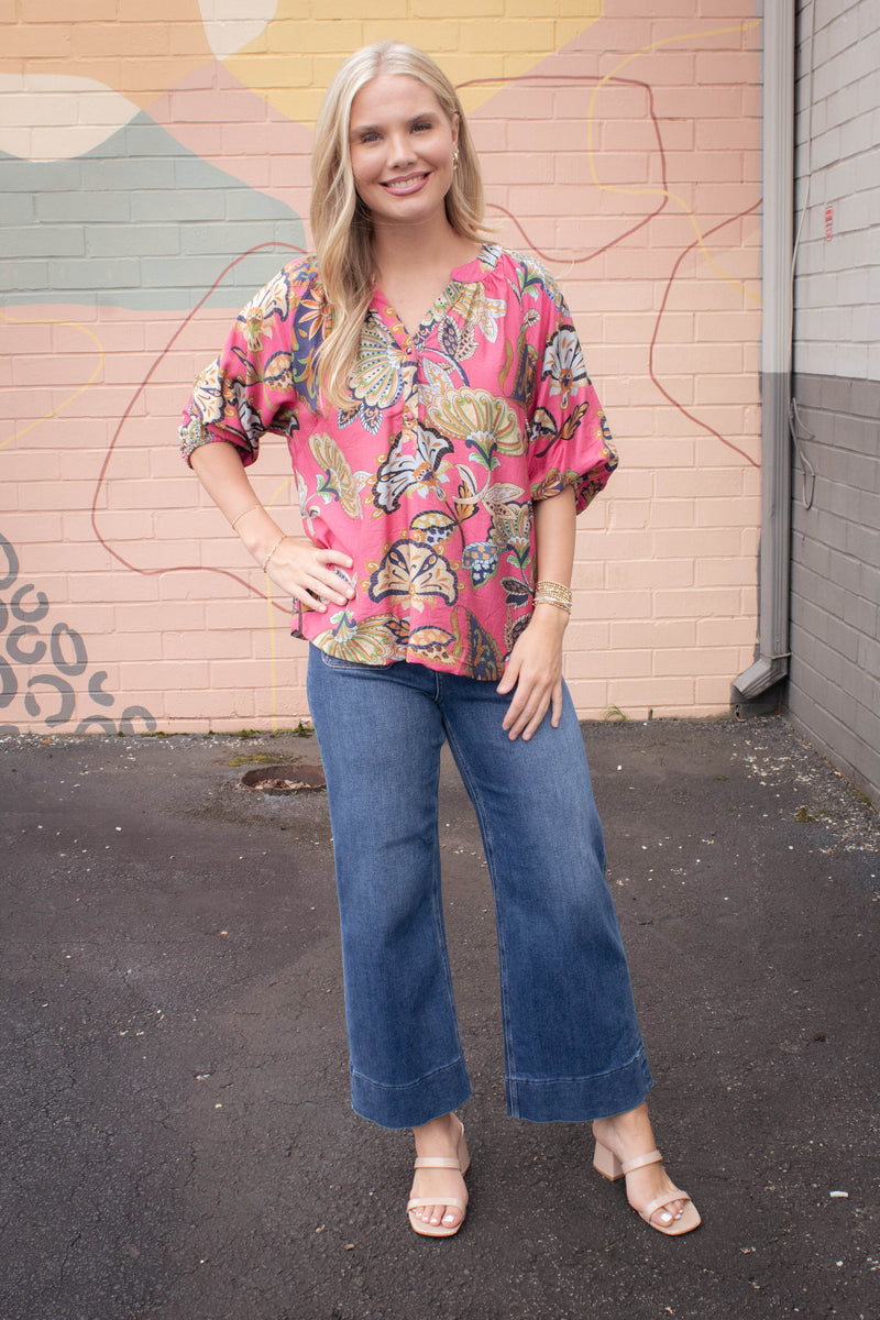 Cecilia Printed Half Sleeve Blouse, Pink