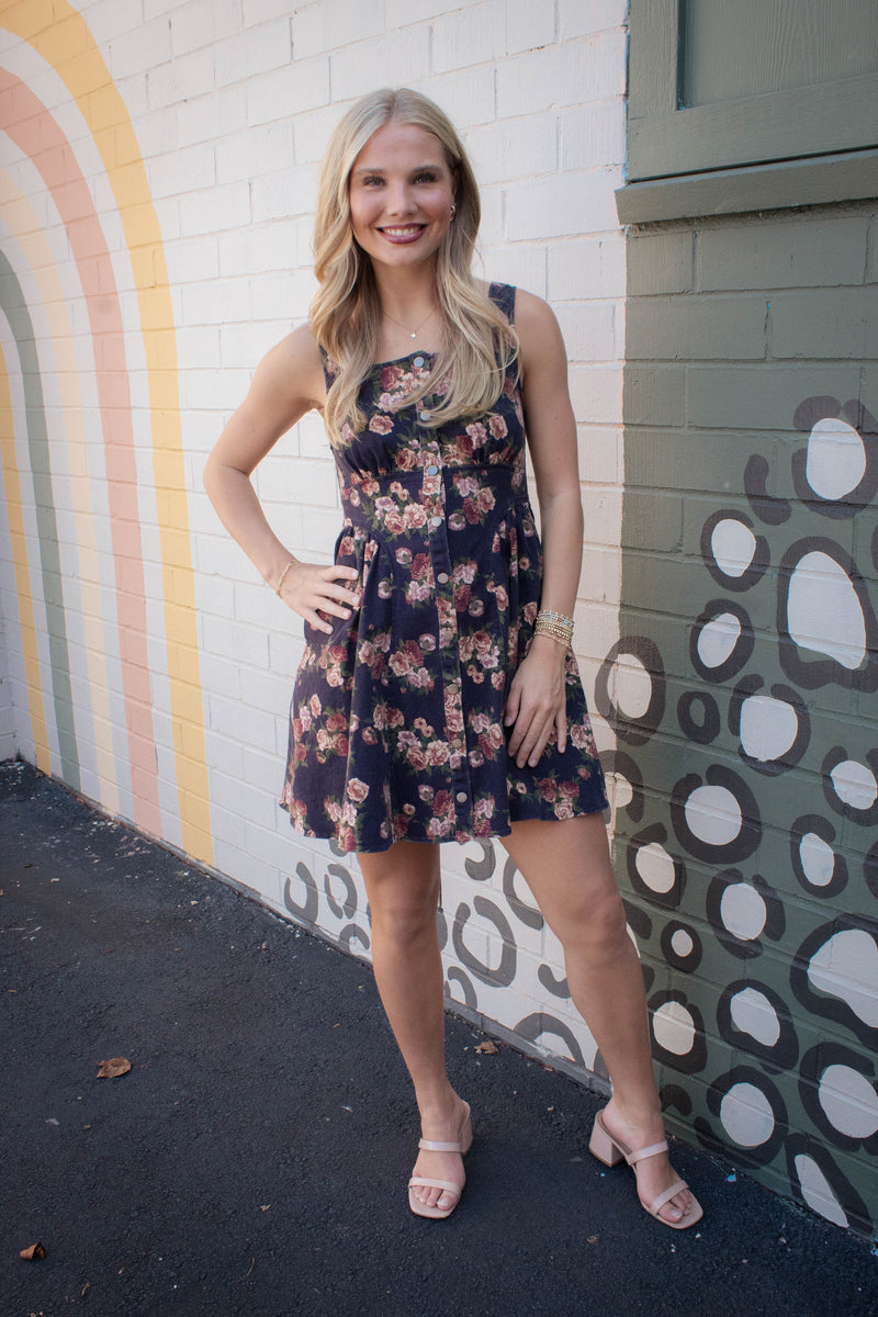 Opal Stone Washed Floral Denim Dress, Navy