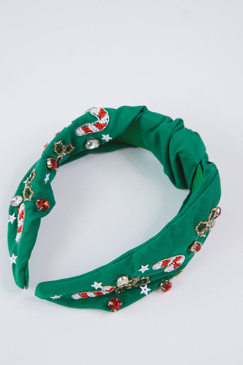 Candy Cane & Holly Holiday Headband, Green