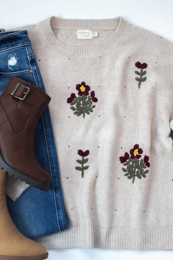 Alayna Embroidered Blossom Sweater, Mocha