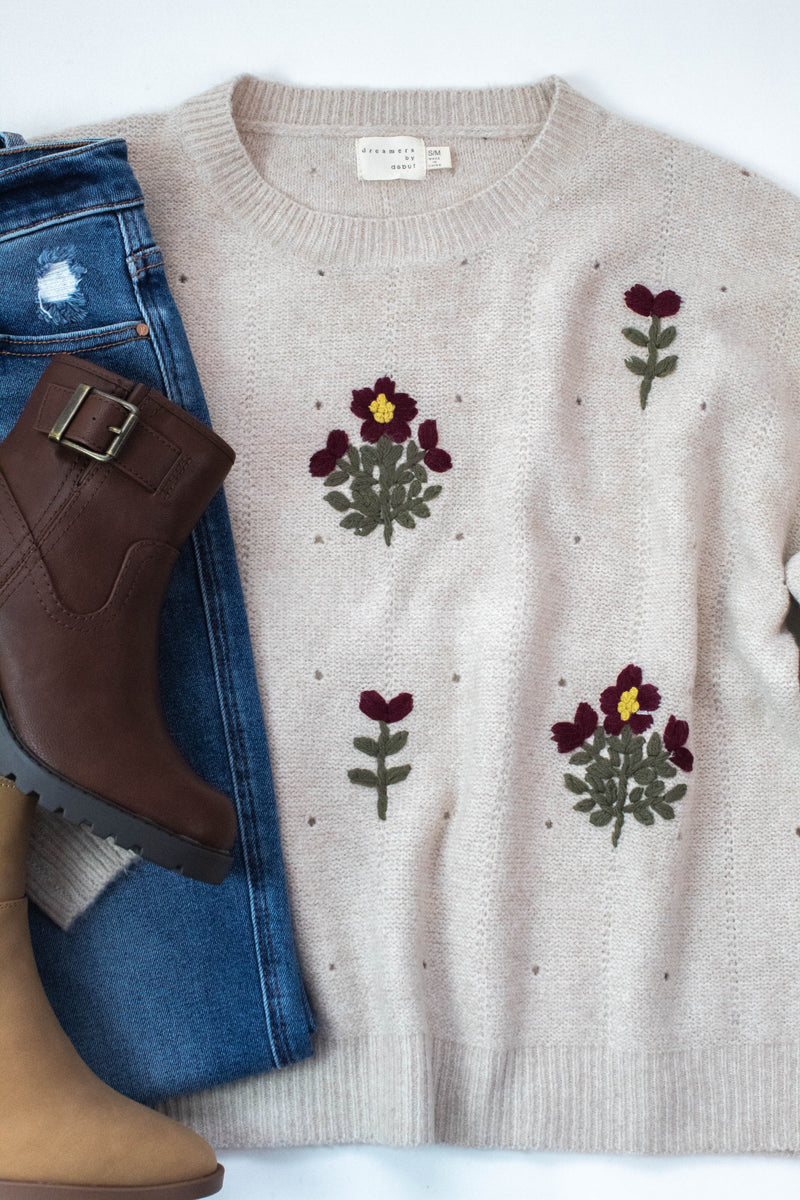 Alayna Embroidered Blossom Sweater, Mocha