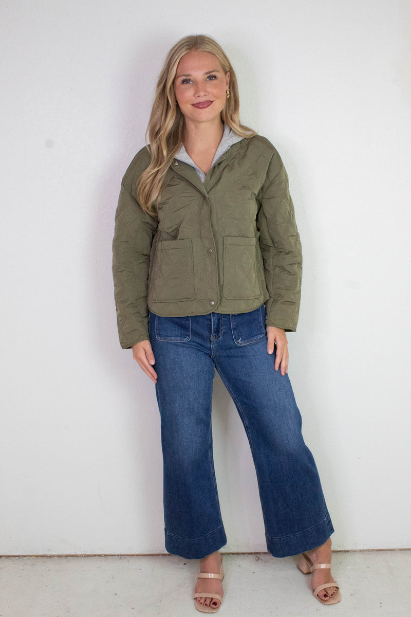 Iris Quilted Contrast Hood Jacket, Olive
