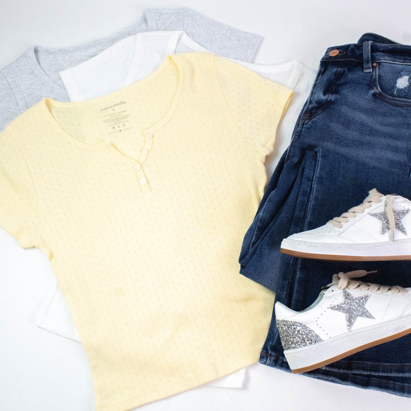 Julia Pointelle Knit Henley Top, Butter