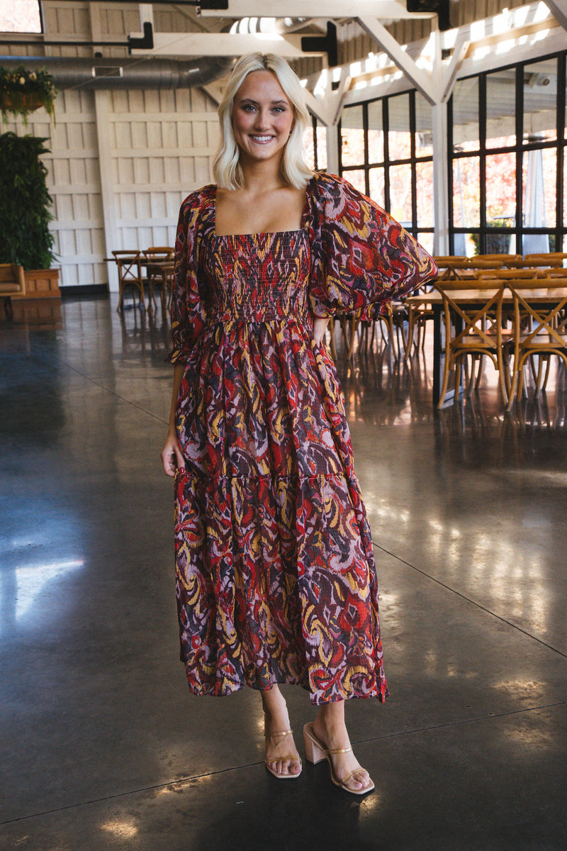 Aubree Smocked Chiffon Midi Dress, Red/Mustard