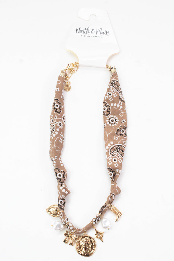 Brinley Charm Scarf Necklace, Brown