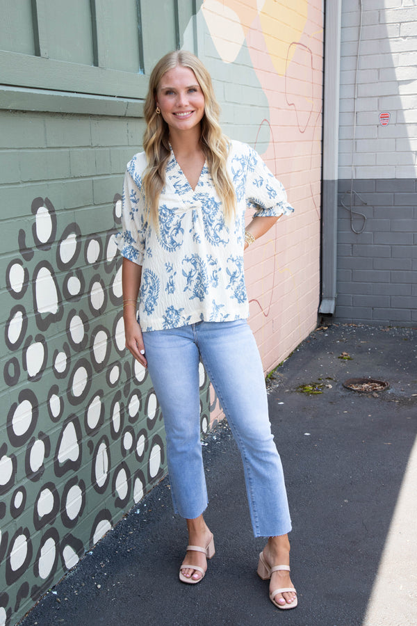 Anise Paisley Print V-Neck Top, Blue Mix
