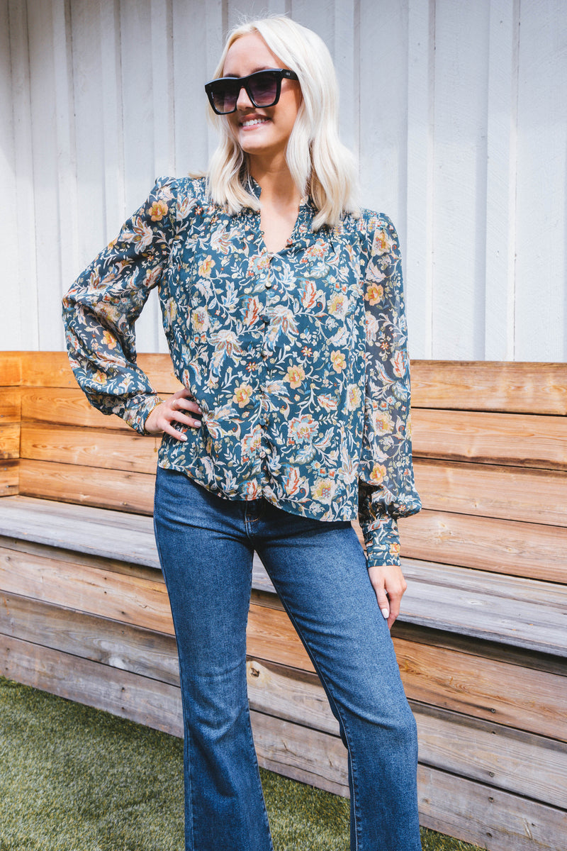 Daphne Smocked Yoke Blouse, Teal Green