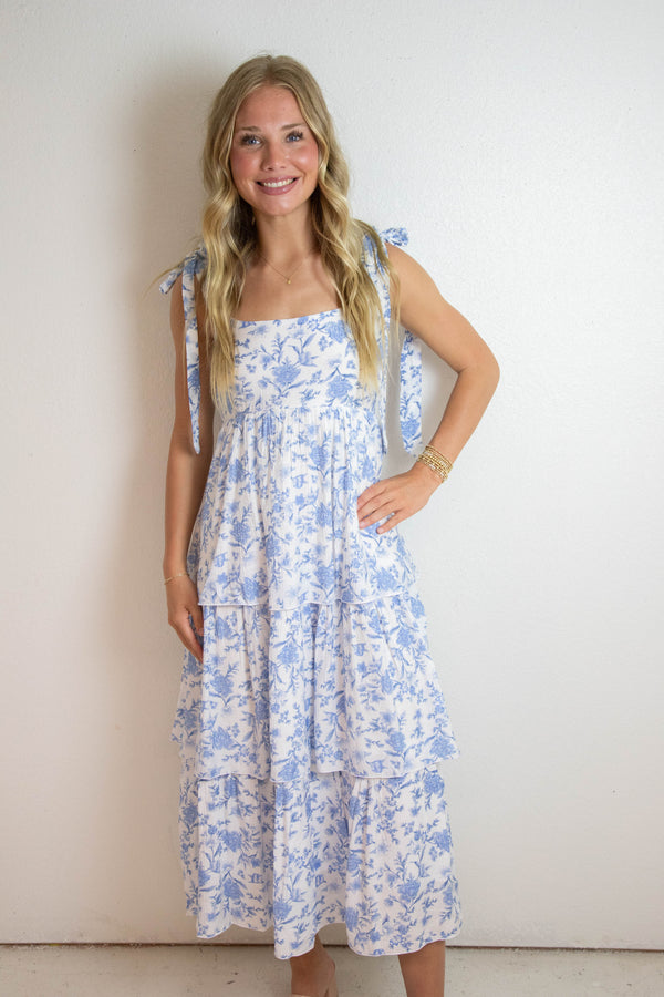 Flora Tie Strap Ruffled Midi Dress, Blue Multi