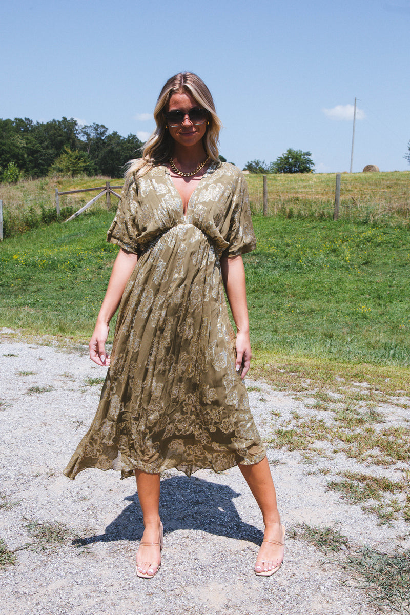 Crown Jewel Floral Maxi Dress, Olive Gold