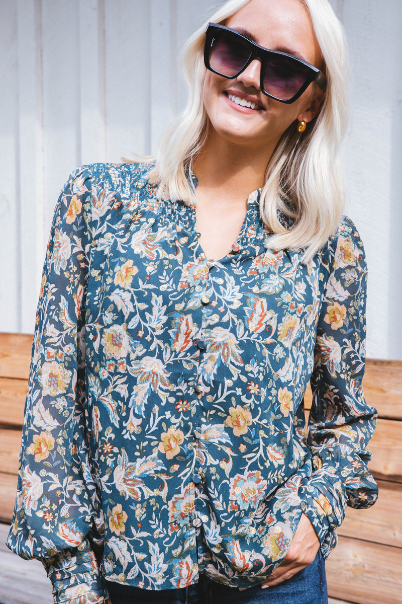 Daphne Smocked Yoke Blouse, Teal Green