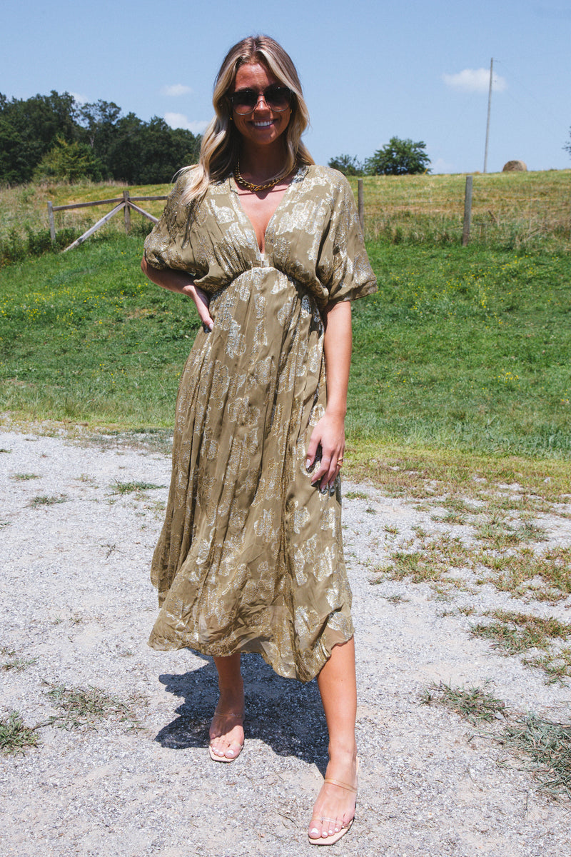 Crown Jewel Floral Maxi Dress, Olive Gold