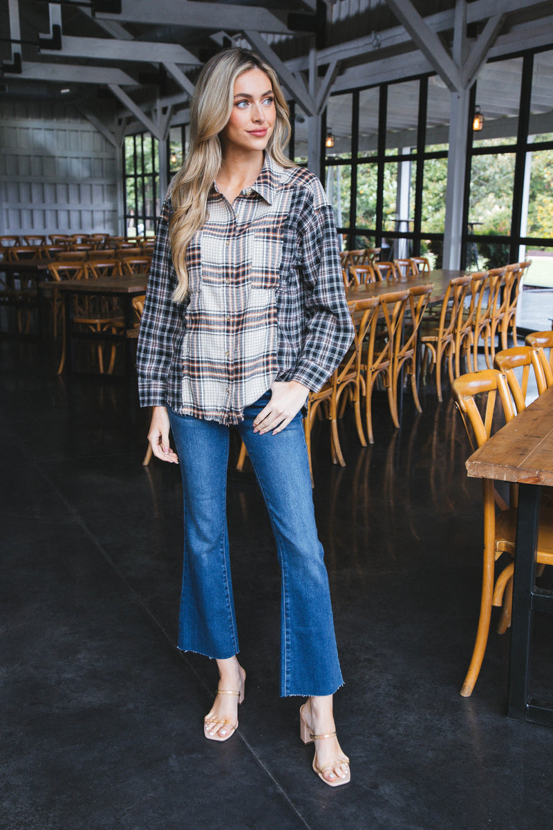 Emerie Oversized Contrast Plaid Shirt, Black Mix