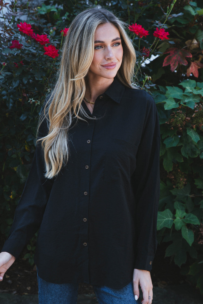 Stay Chic Button Down Shirt, Black