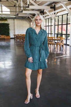 Bethenny Long Sleeve Button Up Ruffle Dress, Dark Green | Velvet Heart