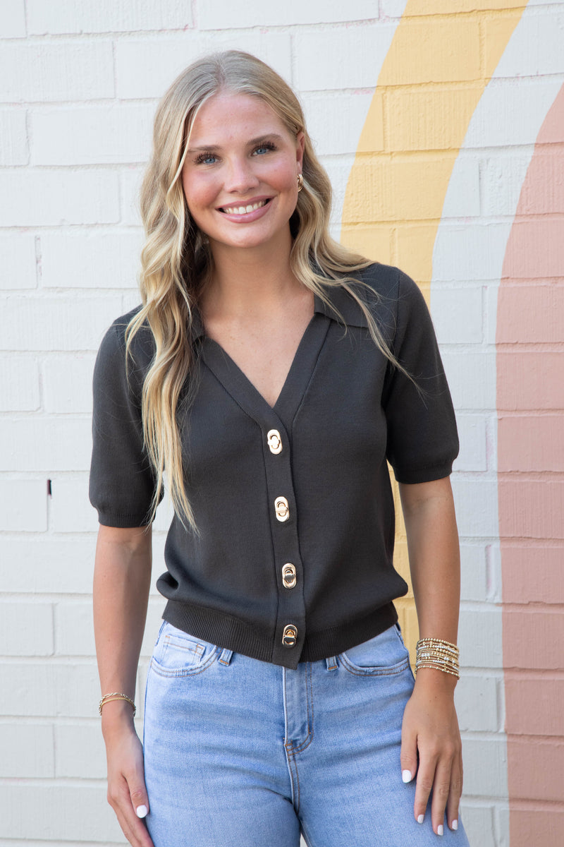 Harlow Gold Twist Lock Button Top, Dark Olive