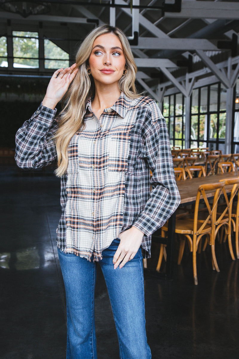 Emerie Oversized Contrast Plaid Shirt, Black Mix