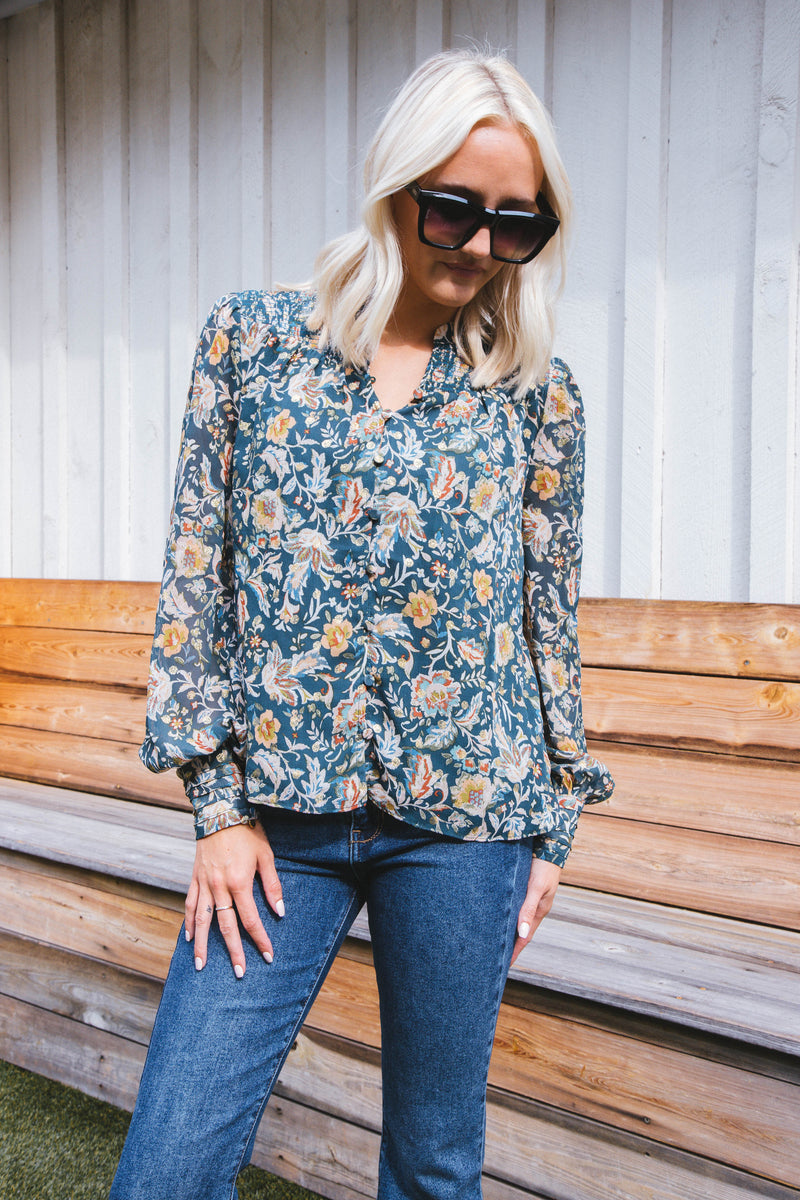 Daphne Smocked Yoke Blouse, Teal Green