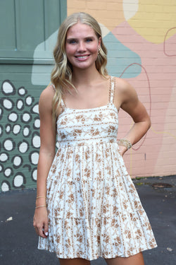 Ashley Striped Floral Mini Dress, Brown Multi