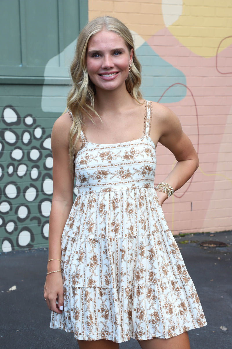 Ashley Striped Floral Mini Dress, Brown Multi