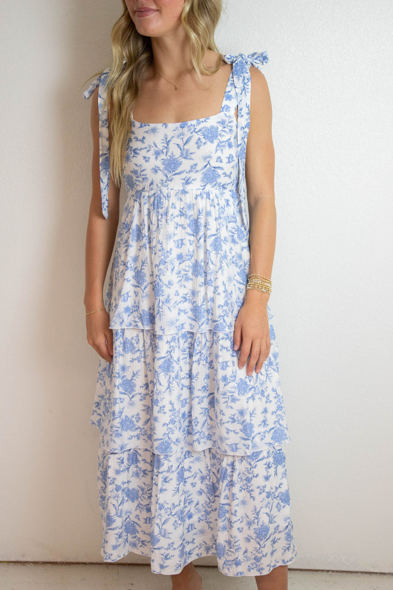 Flora Tie Strap Ruffled Midi Dress, Blue Multi