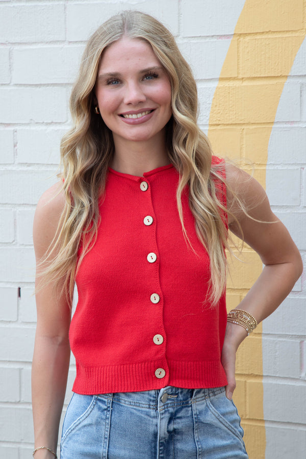 Lina Raw Edge Cardigan Vest, Red