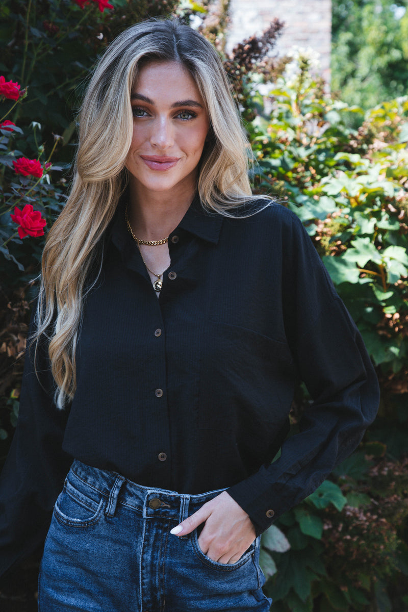 Stay Chic Button Down Shirt, Black