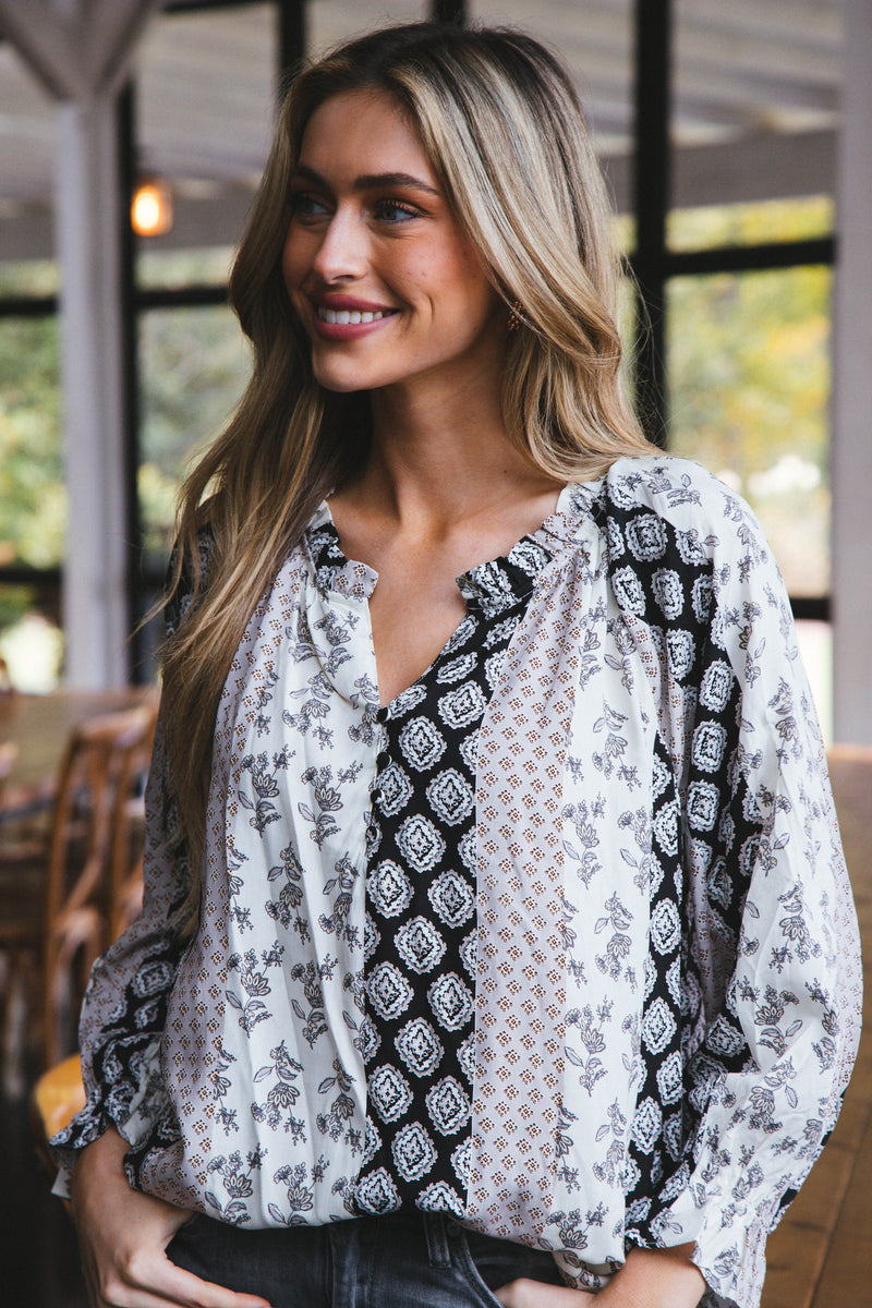 Sierra Ruffle Neck Printed Top, Black Mix