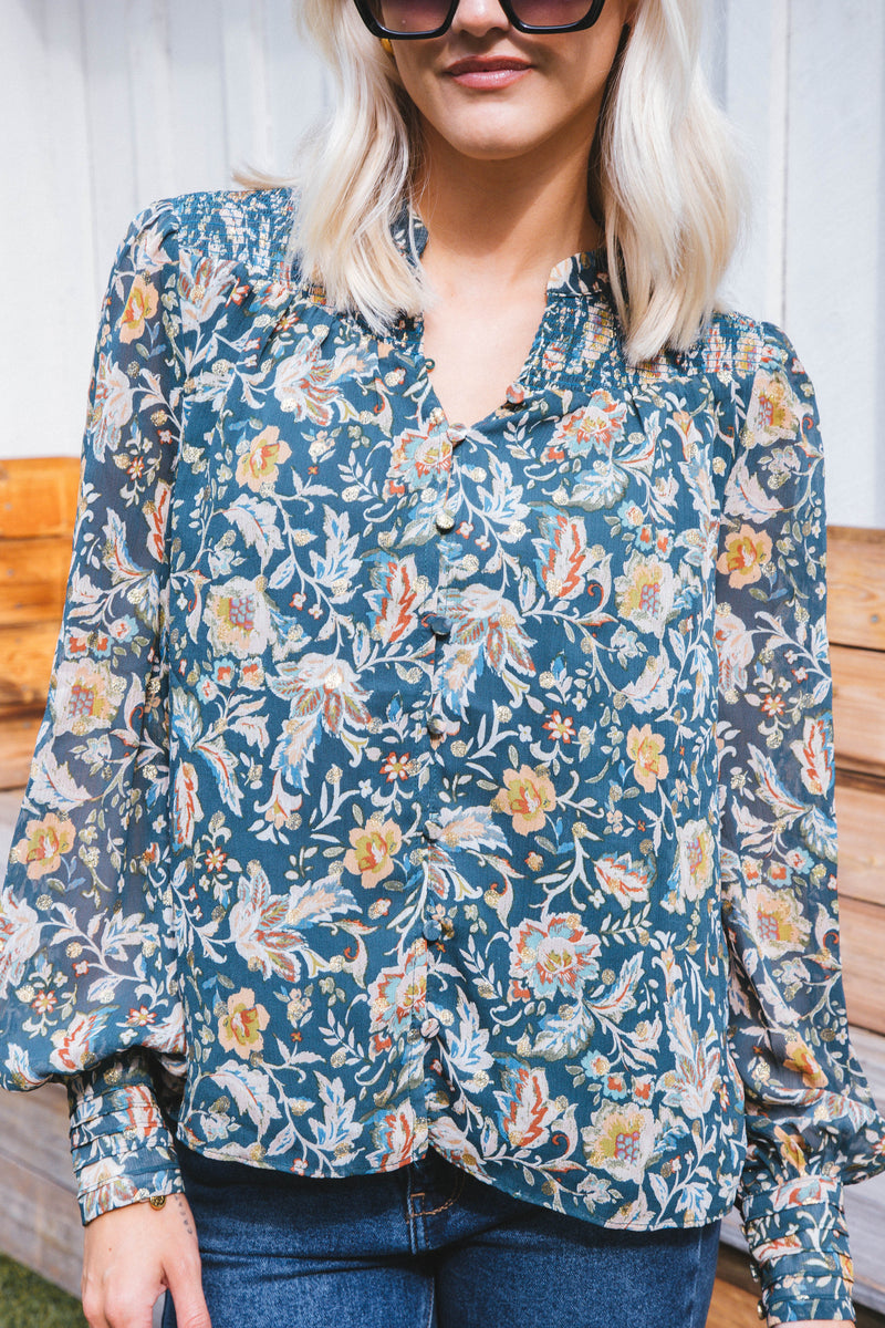 Daphne Smocked Yoke Blouse, Teal Green