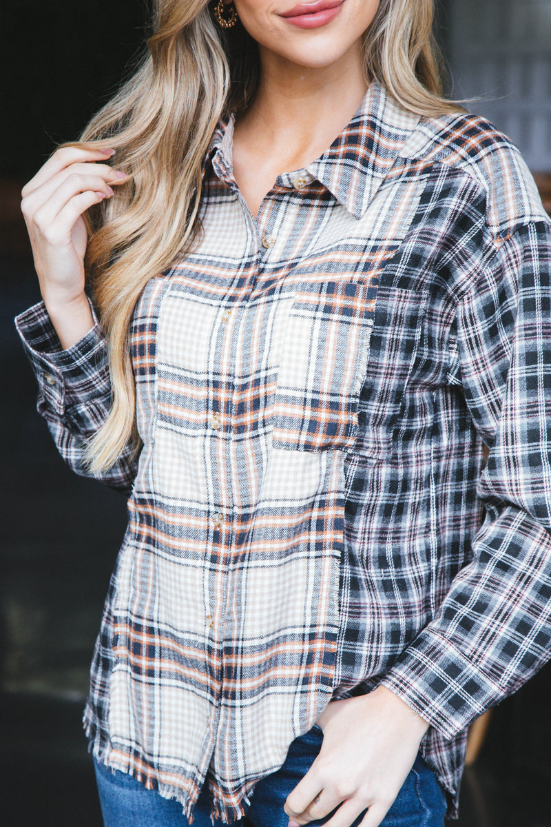 Emerie Oversized Contrast Plaid Shirt, Black Mix