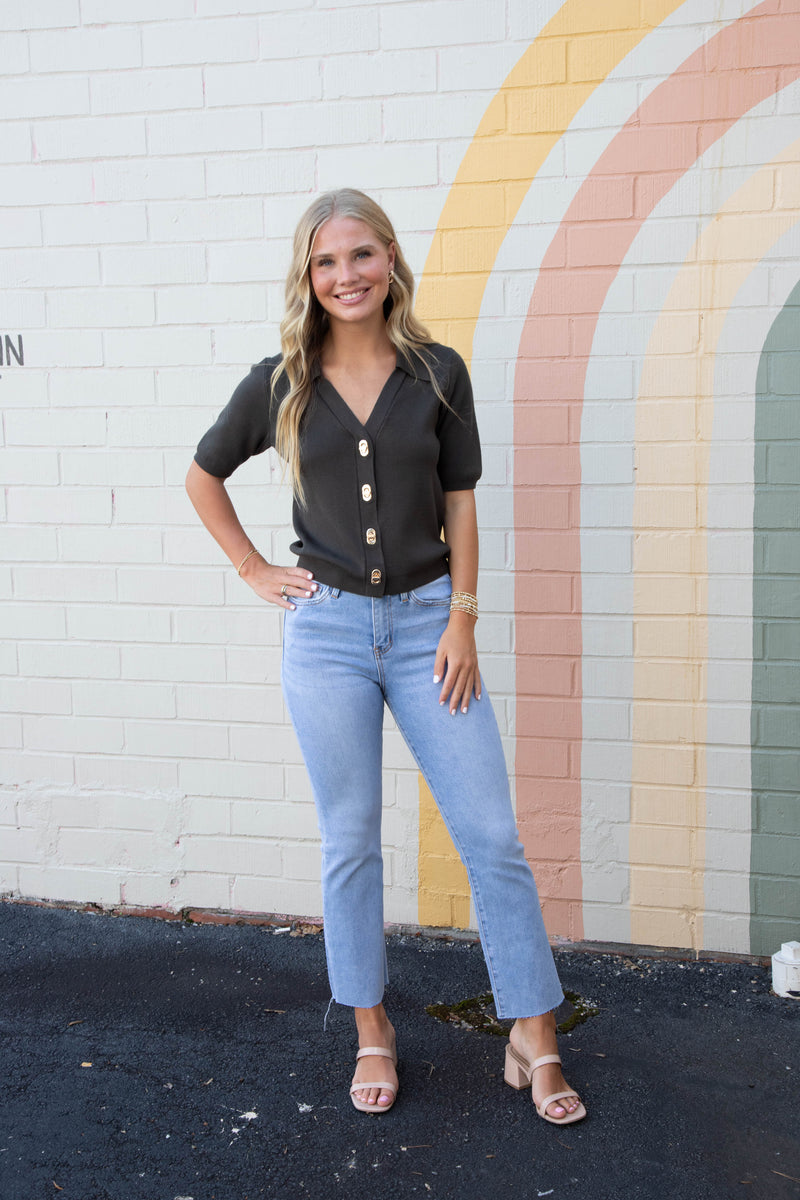 Harlow Gold Twist Lock Button Top, Dark Olive