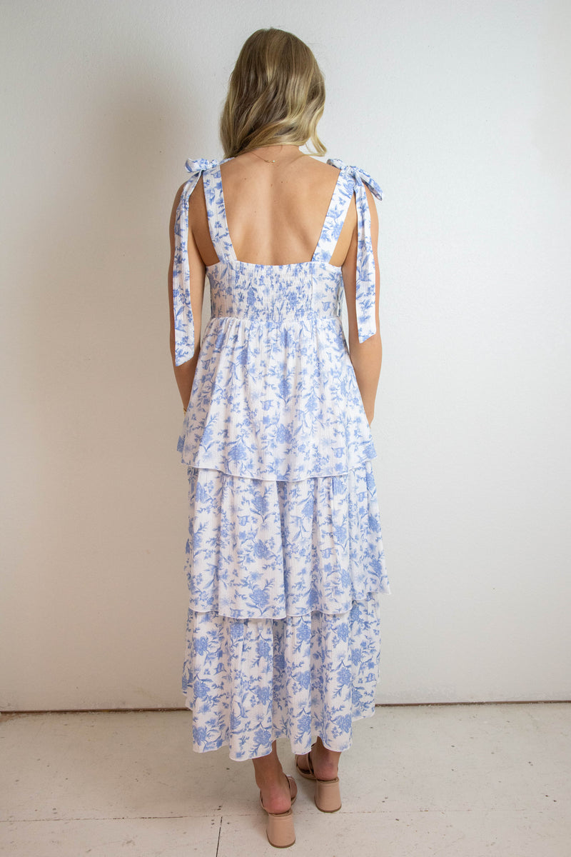 Flora Tie Strap Ruffled Midi Dress, Blue Multi