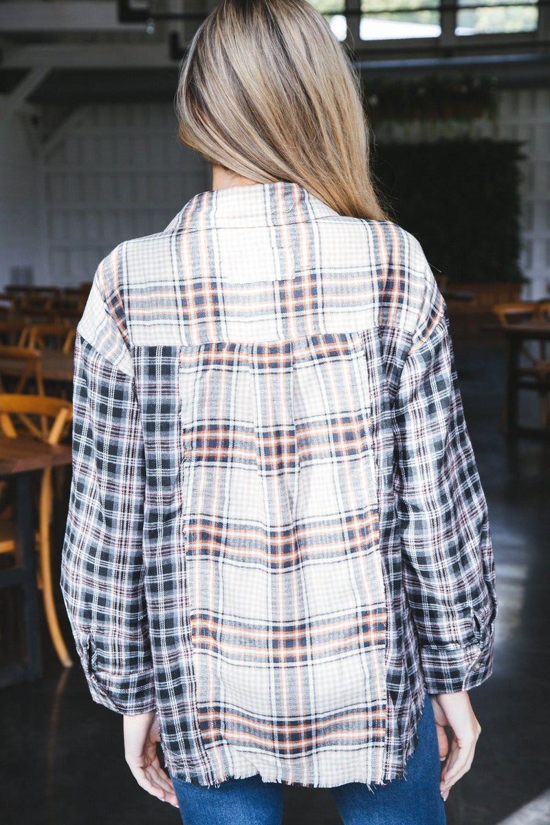 Emerie Oversized Contrast Plaid Shirt, Black Mix