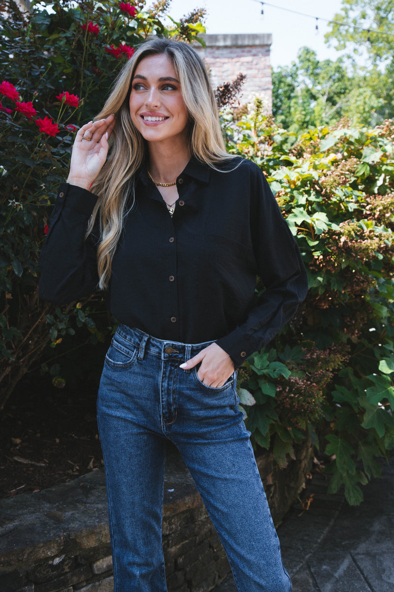 Stay Chic Button Down Shirt, Black