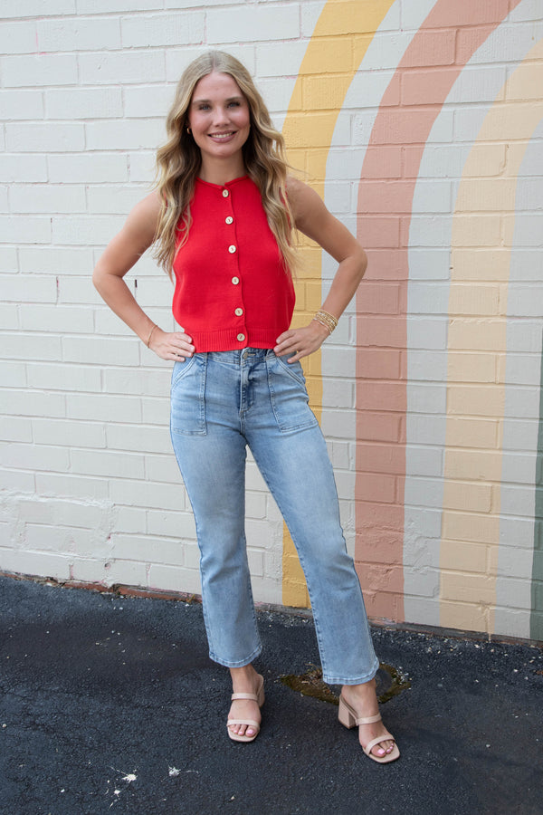 Lina Raw Edge Cardigan Vest, Red