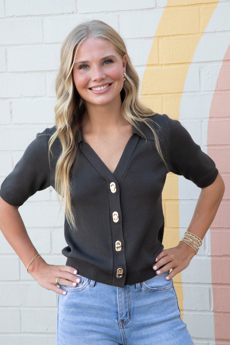Harlow Gold Twist Lock Button Top, Dark Olive