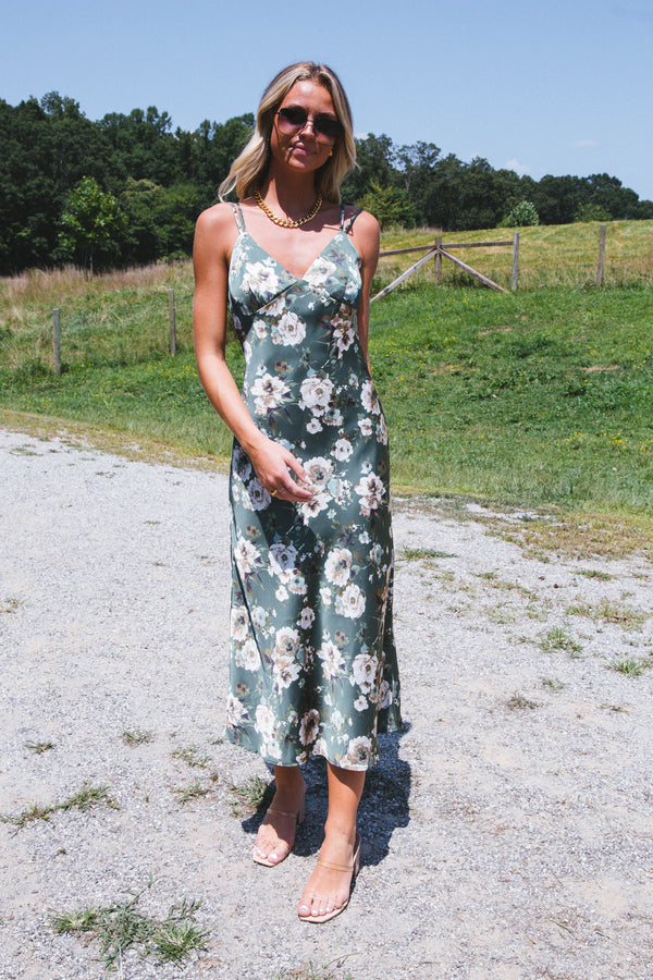 Getaway Satin Floral Midi Dress, Hunter Green Multi