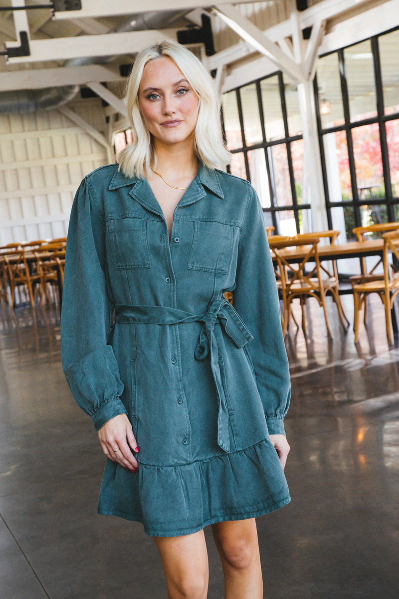 Bethenny Long Sleeve Button Up Ruffle Dress, Dark Green | Velvet Heart