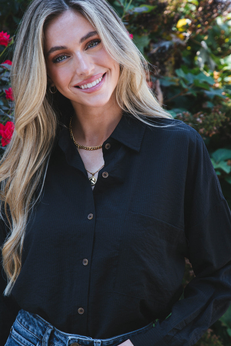 Stay Chic Button Down Shirt, Black