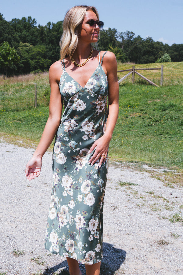 Getaway Satin Floral Midi Dress, Hunter Green Multi