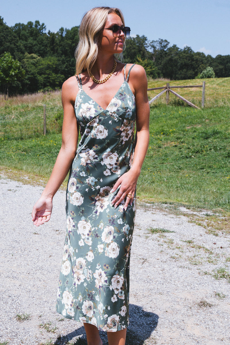 Getaway Satin Floral Midi Dress, Hunter Green Multi