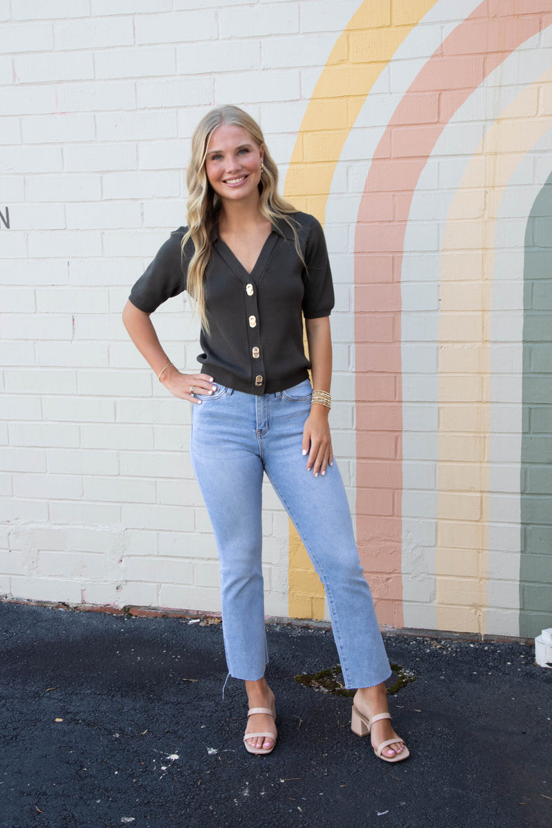 Harlow Gold Twist Lock Button Top, Dark Olive