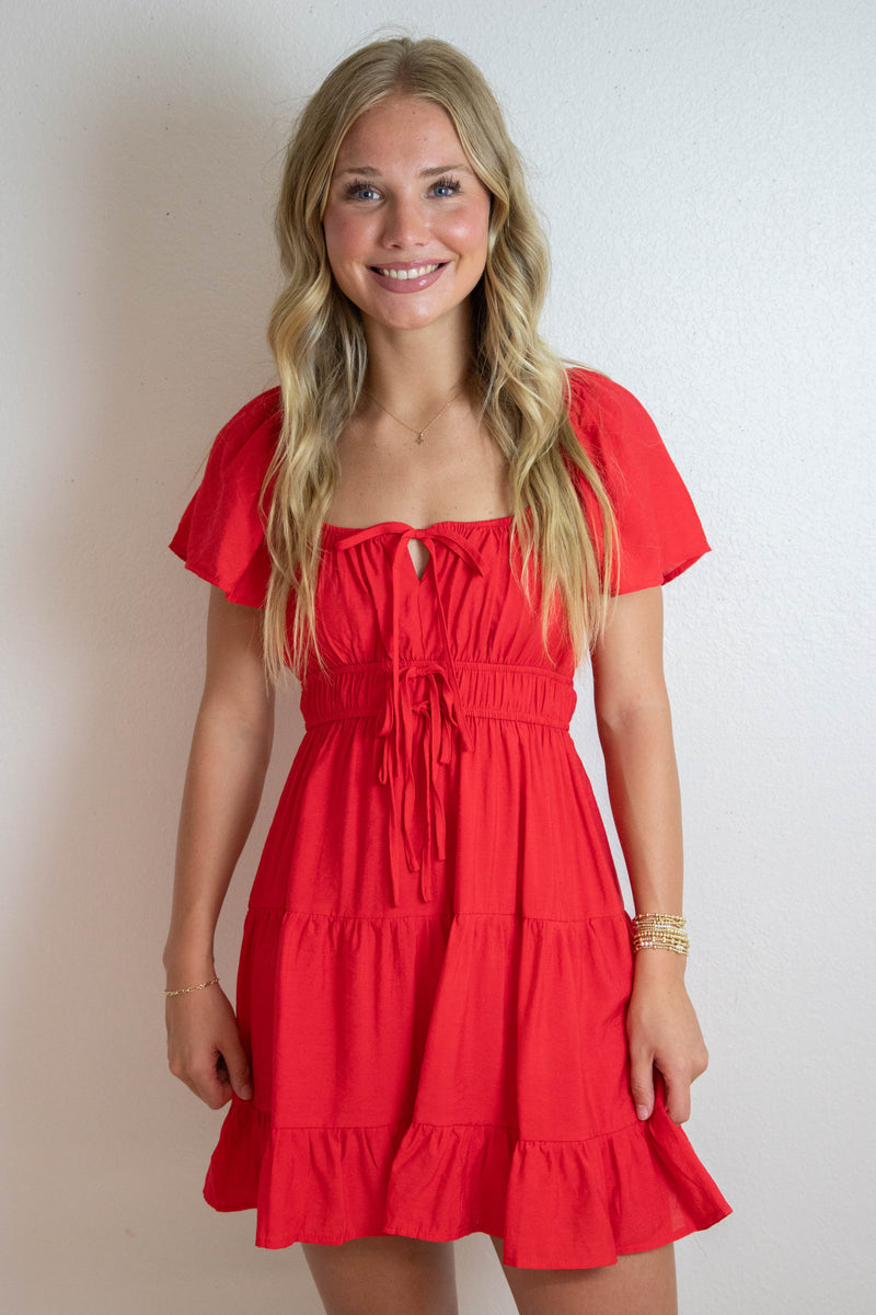 Edith Front Tie Tiered Mini Dress, Red