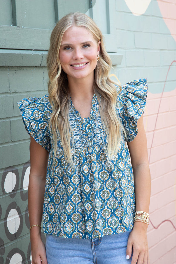 Kimberly Smocked Detail Printed Top, Blue