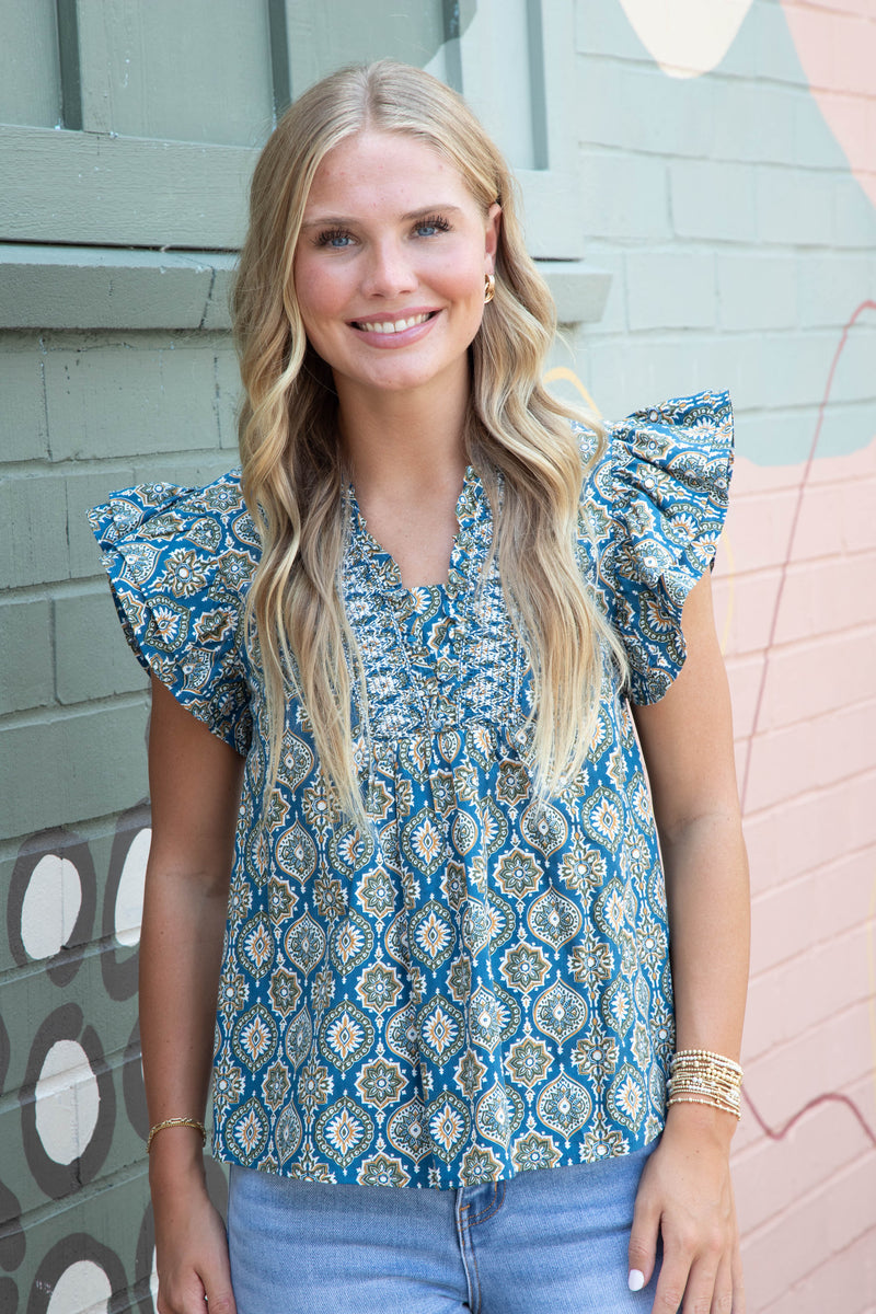 Kimberly Smocked Detail Printed Top, Blue