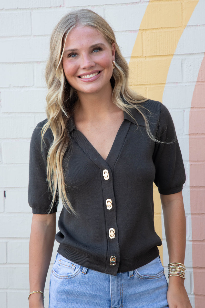 Harlow Gold Twist Lock Button Top, Dark Olive