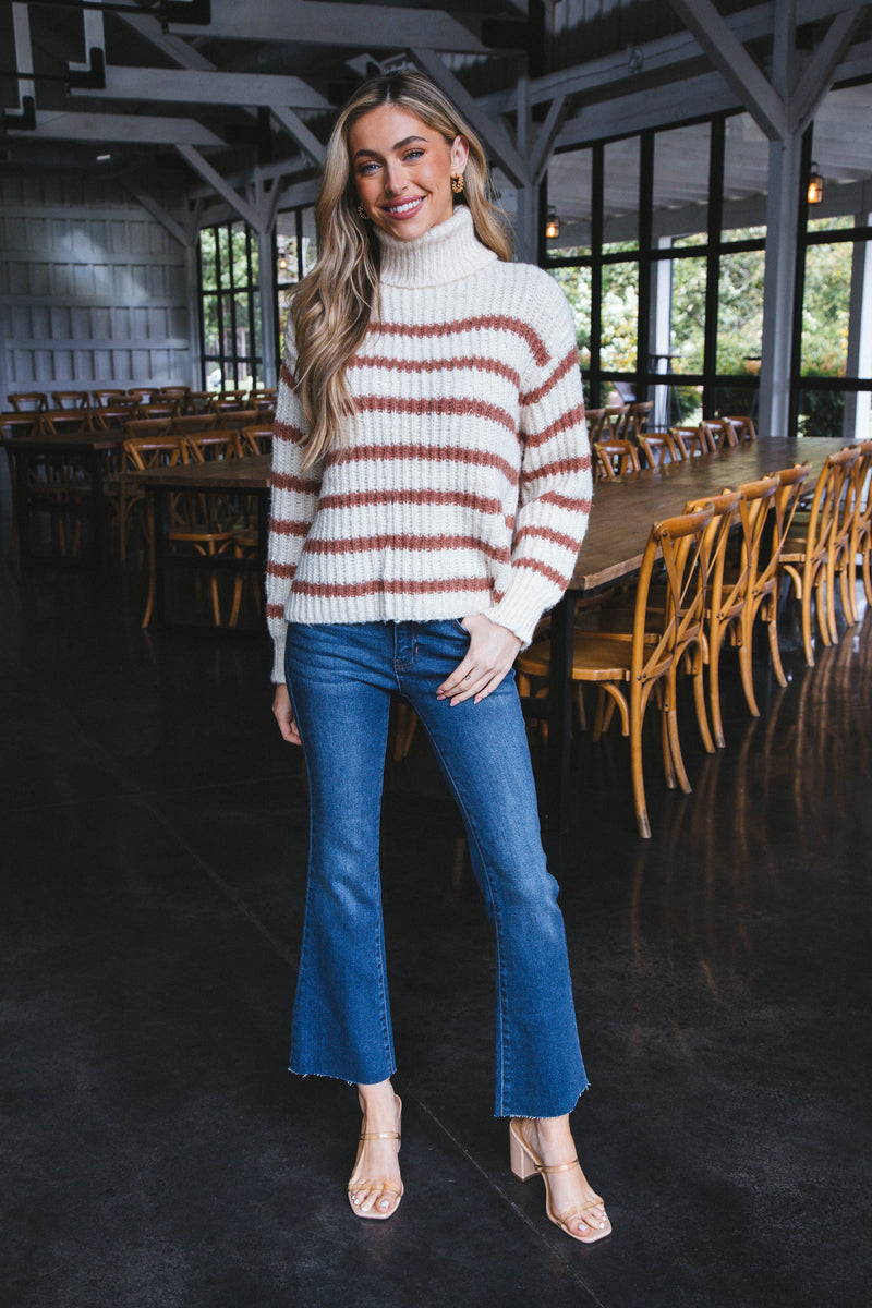 Aki Turtleneck Striped Sweater, Ivory/Camel | Sadie & Sage