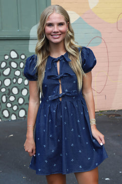 Briella Bow Pattern Front Tie Dress, Denim