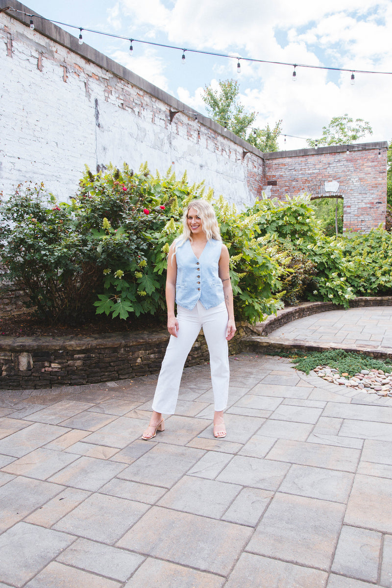 Elliana Denim Button Down Vest, Light Denim